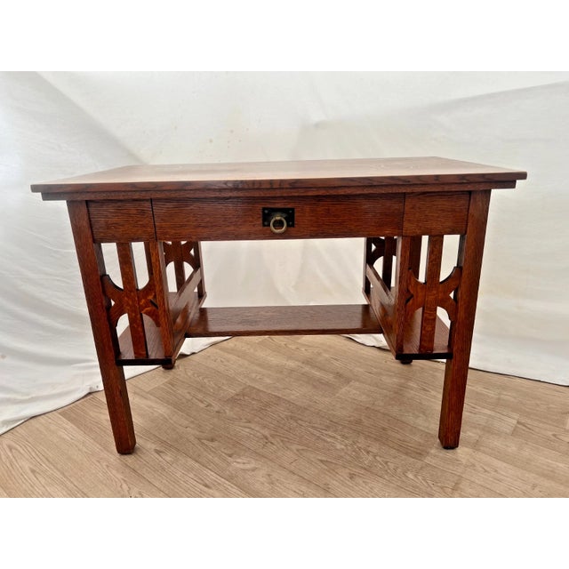 Brown Antique Mission Arts and Crafts Desk, Drawer, Tiger Oak Bottom and Side Shelves For Sale - Image 8 of 13