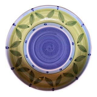 Large Round Caleca Ceramic Bowl With Beautiful Vibrant Blue Green Leaf Pattern For Sale