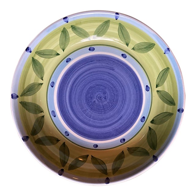 Large Round Caleca Ceramic Bowl With Beautiful Vibrant Blue Green Leaf Pattern For Sale