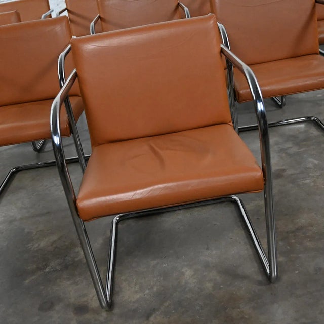 Metal Late 20th to Early 21st Century Thonet Bauhaus Brno Style Chairs Chrome & Cognac Leather Cantilever Set of 12 For Sale - Image 7 of 13