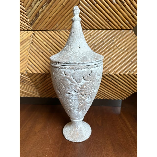 Vintage 19” French Whitewash Glazed Terracotta Lidded Urn For Sale - Image 4 of 12