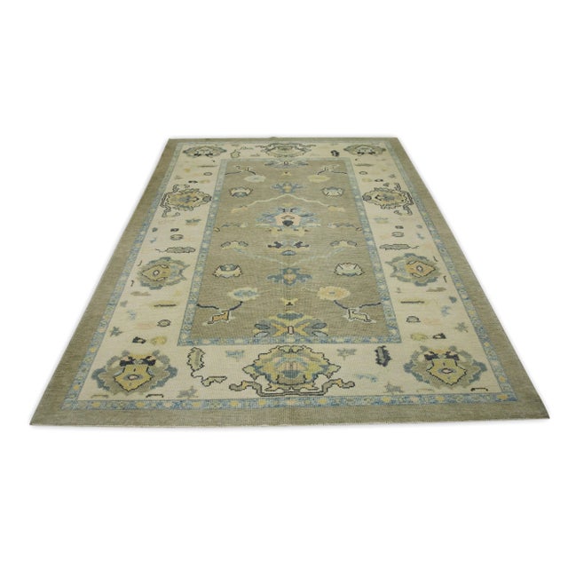 Early 21st Century Green Floral Design Handwoven Wool Turkish Oushak Rug 6'5" X 8'6" For Sale In Houston - Image 6 of 6