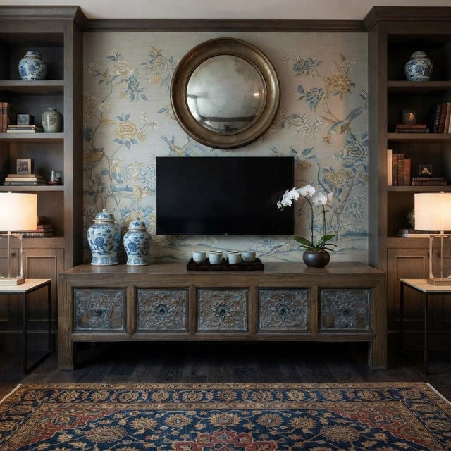Brown Solid Wood Flower Carving 5 Drawers Blue Marks Low Tv Stand Cabinet For Sale In San Francisco - Image 6 of 9