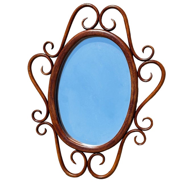 1900s Late Victorian Thonet Style Scrolling Bent Oak Wall 30" Mirror For Sale - Image 4 of 6