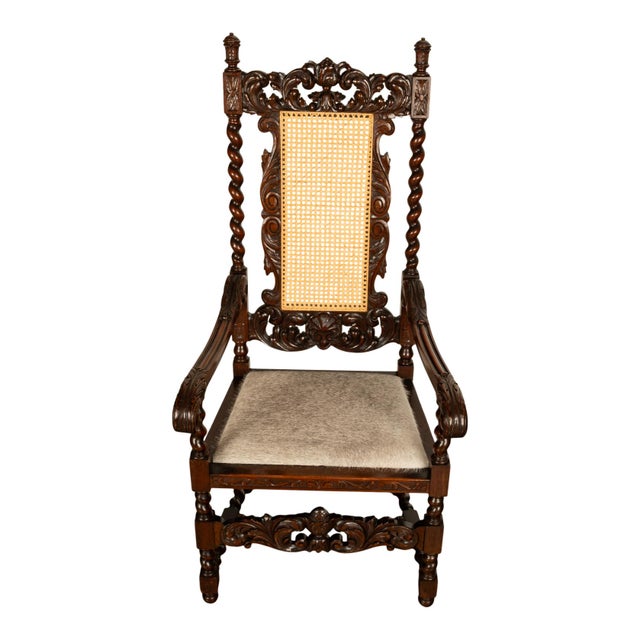 Antique French Louis XIII Carved Walnut Barley Twist Armchair Cane Cowhide 1880 For Sale - Image 9 of 13