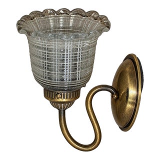Vintage Classic Style Bronze Scalloped Pressed Glass Shade Sconce For Sale