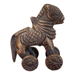 Likely Antique Bronze Toned Toy Horse on Wheels, Tribal Folk Art Figurine From India For Sale