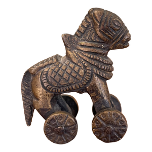 Likely Antique Bronze Toned Toy Horse on Wheels, Tribal Folk Art Figurine From India