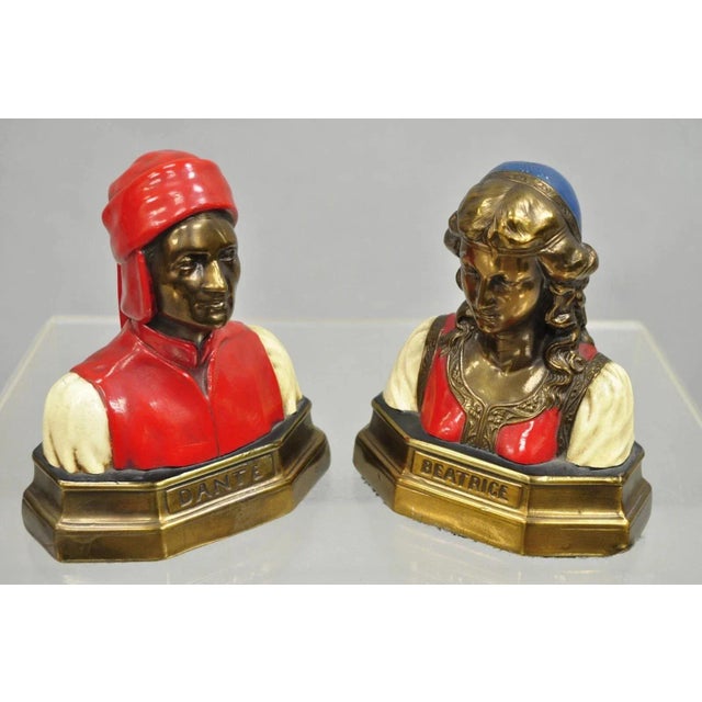 Art Nouveau Antique Dante & Beatrice Painted Figural Bronze Bust Bookends - A Pair For Sale - Image 3 of 10