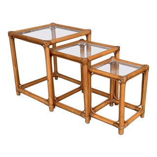 Bamboo and Rattan Nesting Tables With Clear Glass Top For Sale