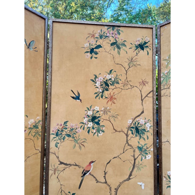 19th Century 19th Century Chinese Hand Painted Silk 6-Panel Wallpaper Floor Screen Mounted as a Pair For Sale - Image 5 of 12