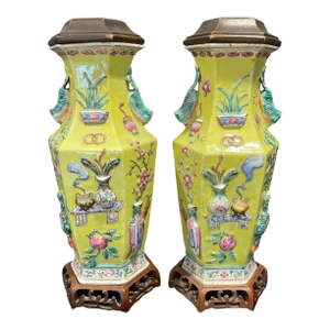 Pair of Chinese 19th Century Famille Rose High Relief Yellow Ground Porcelain Vases