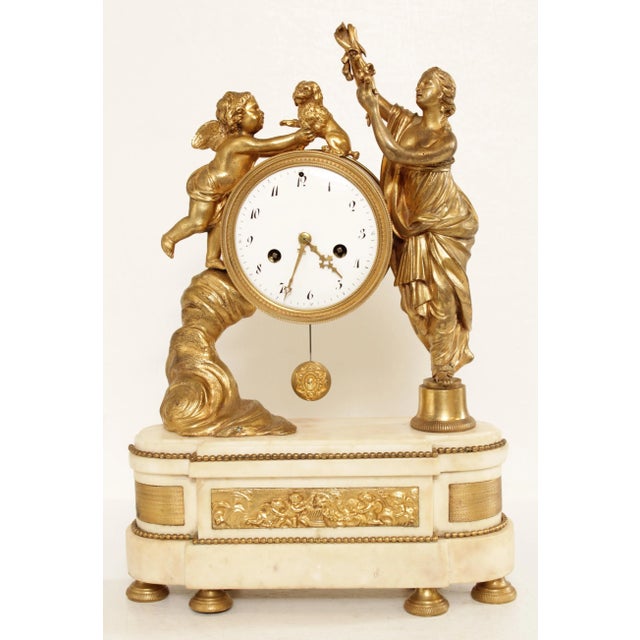 Louis XVI Style Figural Gilt-Bronze and Marble Mantel Clock For Sale - Image 4 of 13