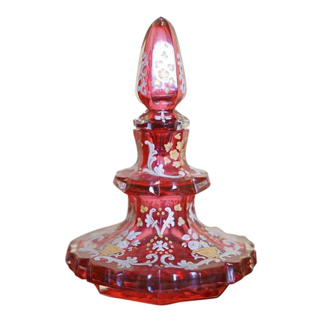 Antique Bohemian Cranberry Glass Enameled Perfume Bottle, 19th. Century For Sale