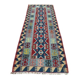 1980s Tribal Blue Hand Knotted Luxury Runner Kilim For Sale
