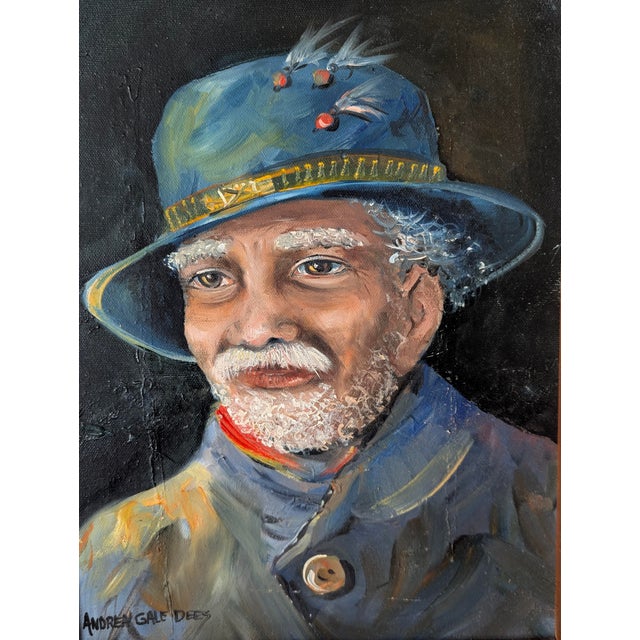 Blue Vintage Fisherman Oil Painting Framed For Sale - Image 8 of 8