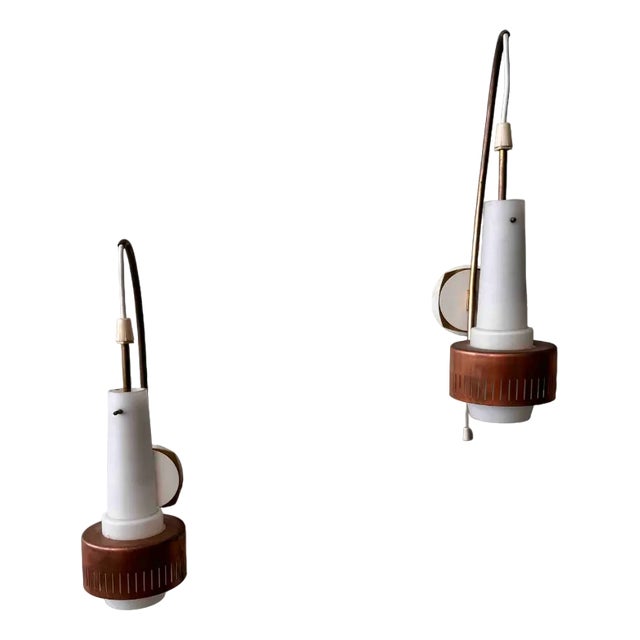 Mid-Century Modern Scandinavian Sconces in Brass and Opaline Glass, 1950s, Set of 2 For Sale