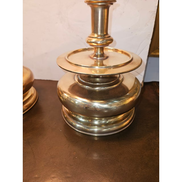 English Vintage Tall Chapman Brass Candlestick Lamps With Black Shades - A Pair For Sale - Image 3 of 3