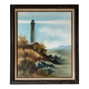 1970's U. Rosenburg Lighthouse by the Sea Impressionist Oil Painting, Framed
