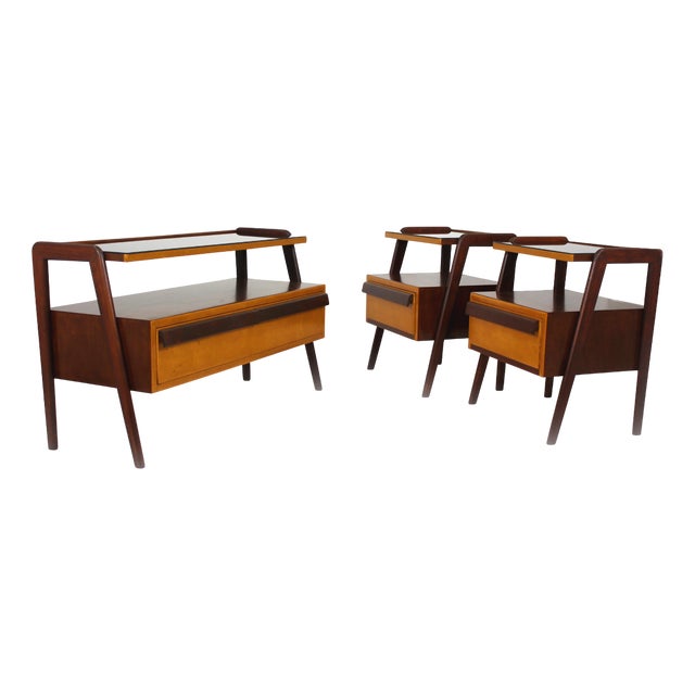 Mid-Century Modern Czech Mahogany Nightstands and Low Cabinet from Jitona, 1960s, Set of 3 For Sale