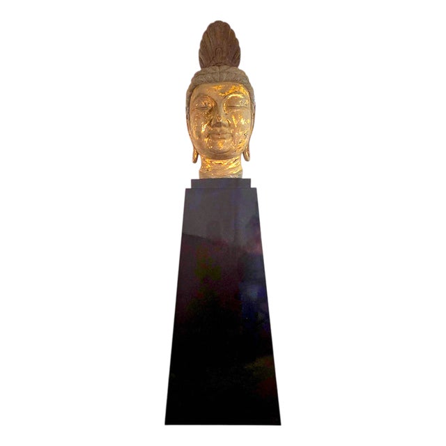 Monumental Thai-Style Buddha Head Sculpture on Lacquered Pedestal, 80"h For Sale