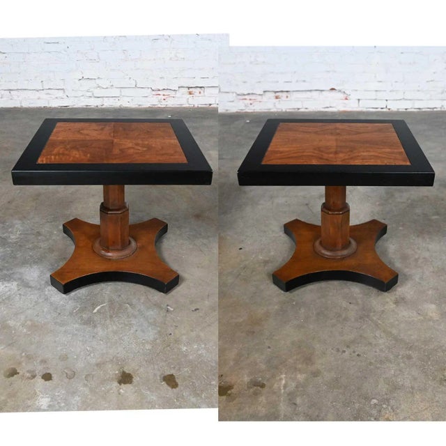 Late 20th Century Baker Furniture Campaign Style Black & Natural Pedestal End Tables a Pair For Sale - Image 13 of 13