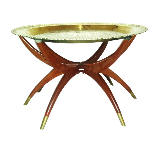 Round Chinese Brass Tray Table, MCM Teak Legs Chairish