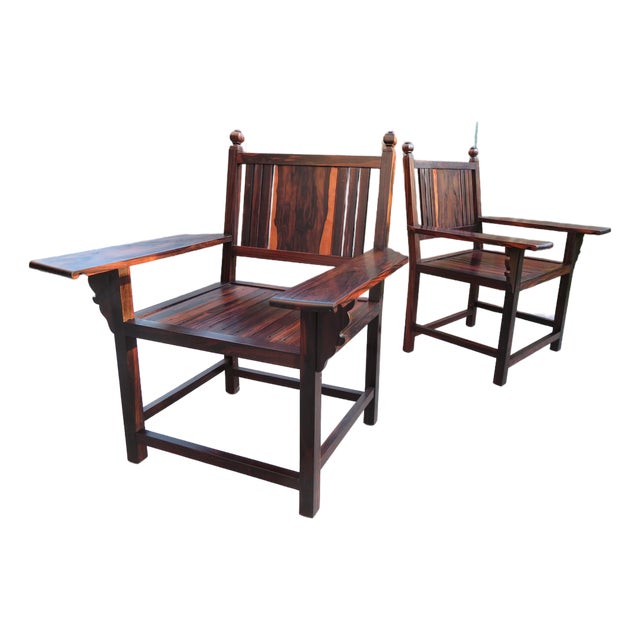 Vintage ~ Mortise Tenon Arts & Crafts Style ~ Exotic Wood Arm Chair Pair ~ Ziricote Macassar ~ Mid Century Rosewood For Sale