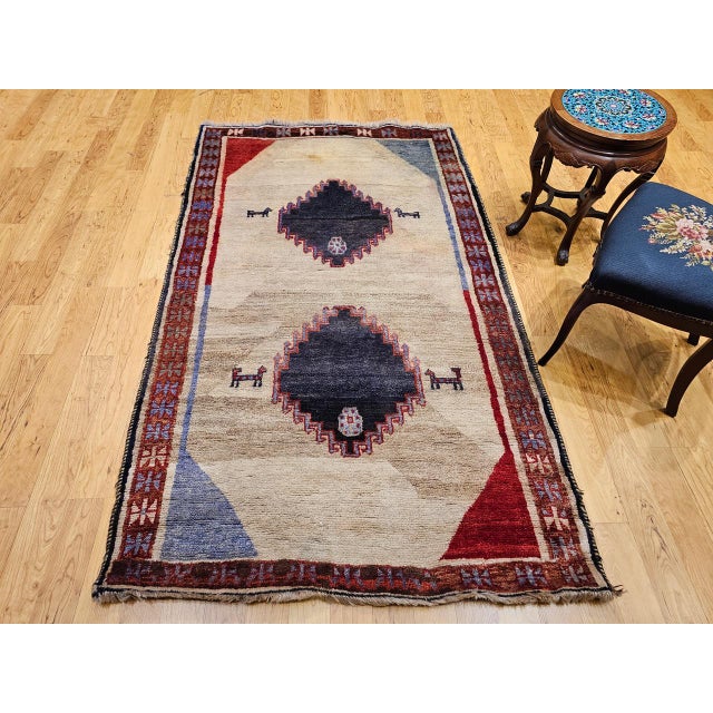 Vintage Persian Gabbeh Tribal Rug, Hand-Knotted Wool, Minimalist Diamond Design, Ivory & Gray, 4x7 For Sale In Chicago - Image 6 of 15
