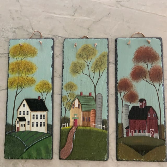 Mid 20th Century Vintage Hand-Painted Slate Tile Featuring a County Manor House For Sale - Image 5 of 8