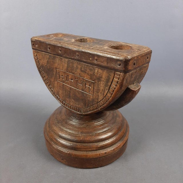 Antique Arab Handcrafted Engraved Seed Spreader in Wood & Metal, Early 1900s For Sale - Image 3 of 12