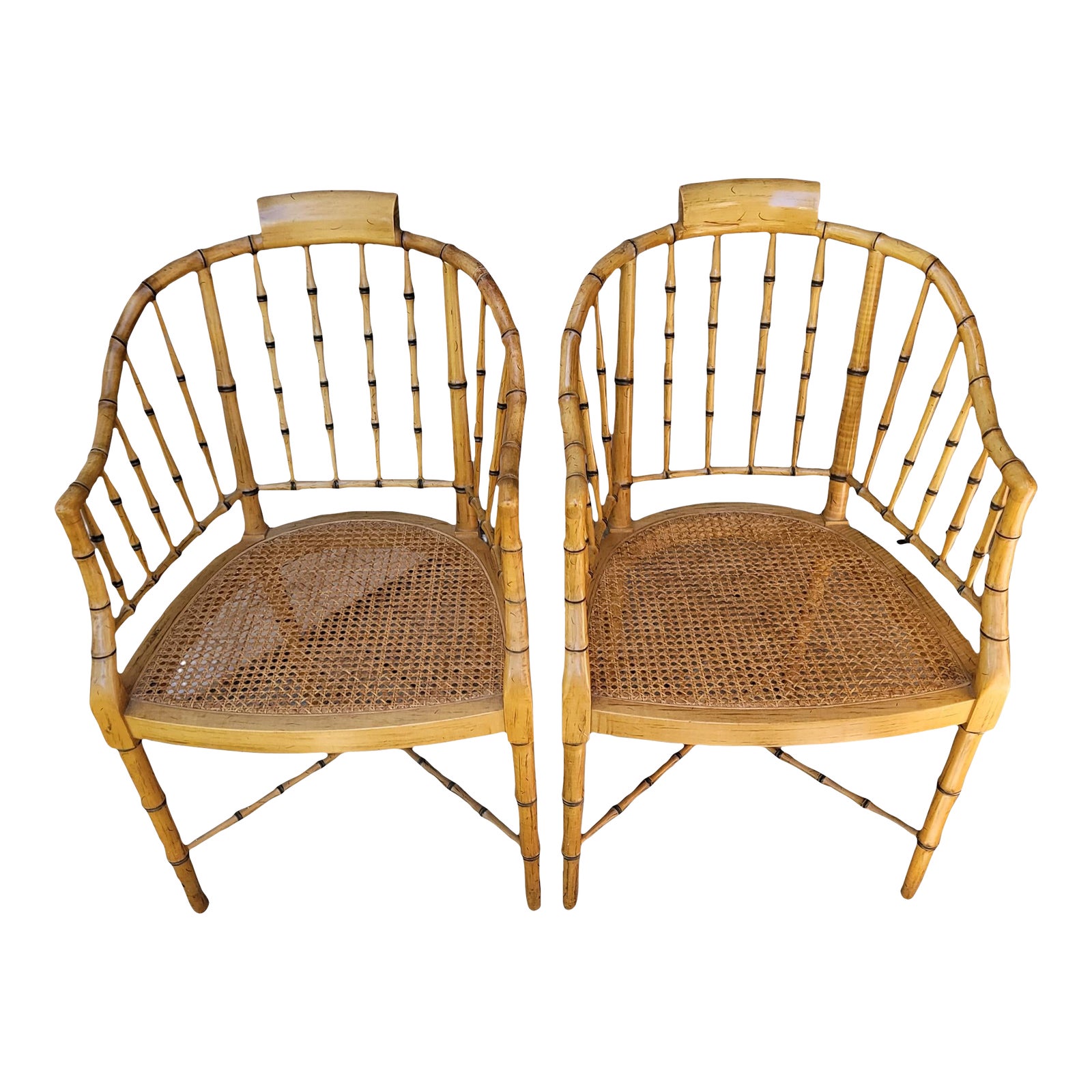 Vintage Pair Baker Furniture Faux Bamboo Tub Chairs With Cane Seat