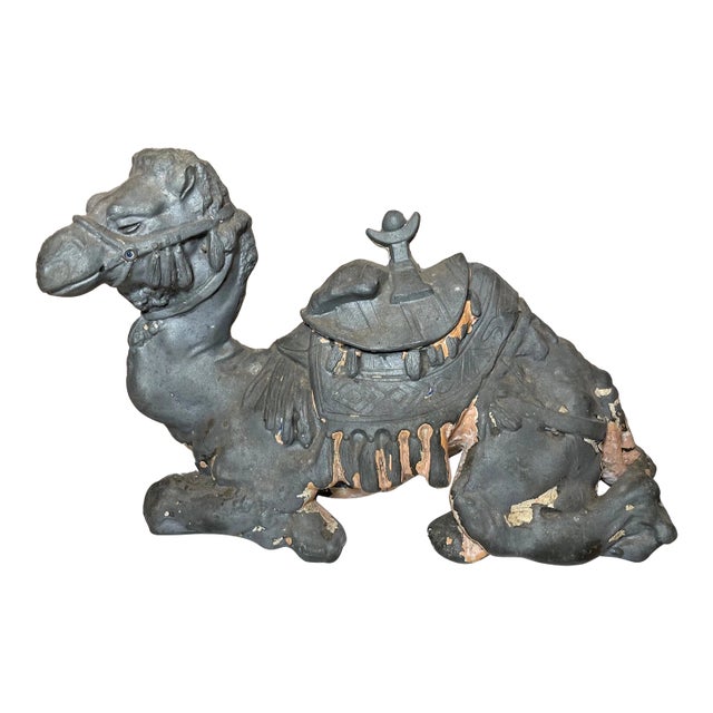Antique Figural Realistic Laying Camel Metal Writing Inkwell Jar Statue Bakelite For Sale