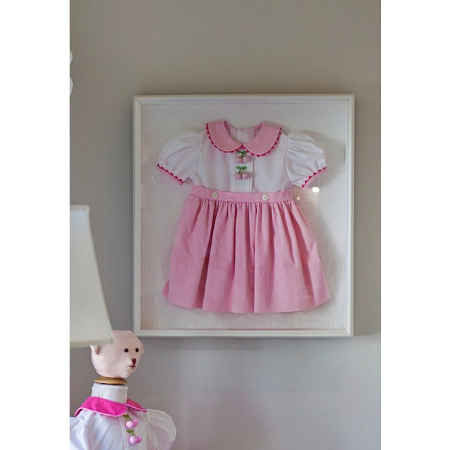Wood Nursery Art: Women's Exchange Pink Cherry Dress Framed in a White Wood Shadow Box For Sale - Image 7 of 10