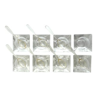 Mid-Century Glass Caviar & Salt Cellar Set With Lucite Gilt Spoons – Set of 8 For Sale