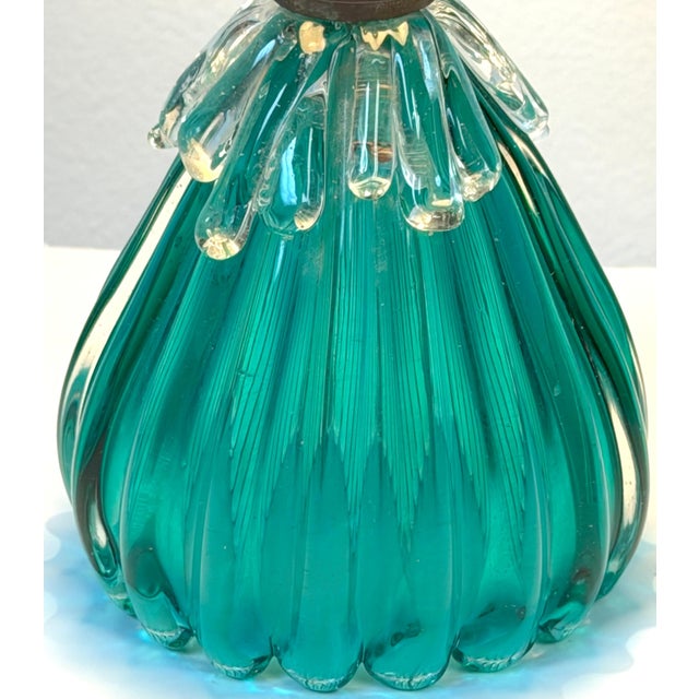 Mid 20th Century Archimede Seguso Murano Ribbed Emerald Green Glass Lamp Applied Crystal Collar For Sale In West Palm - Image 6 of 16