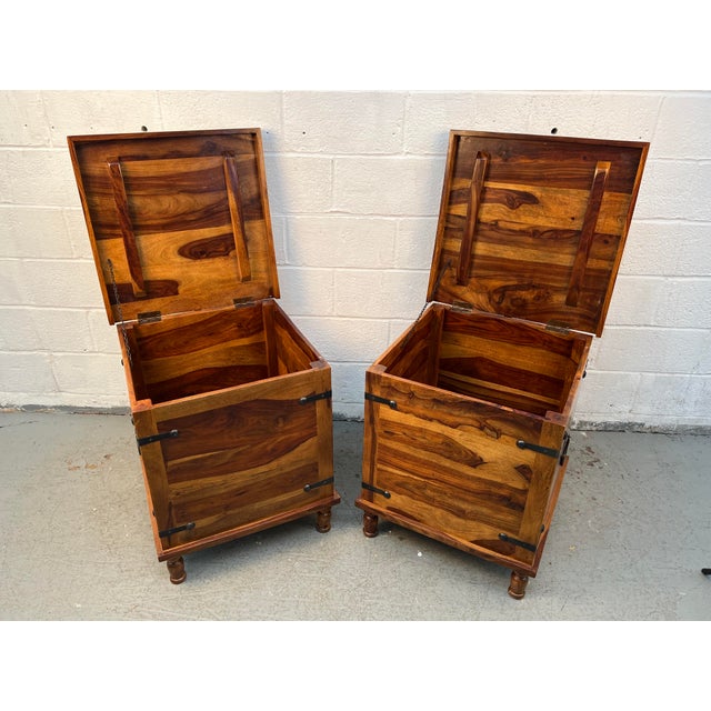 Late 20th Century Pair of Rustic Wood and Metal Storage Trunks W/ Lift-Top Lids For Sale - Image 11 of 15