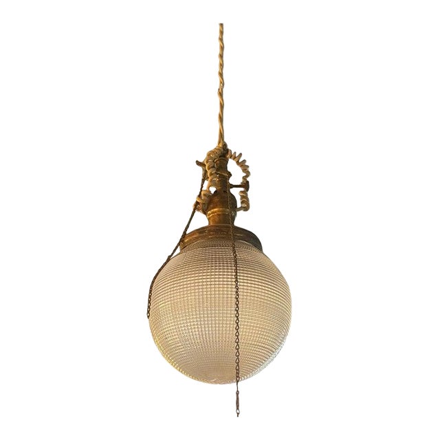 Early 20th Century Industrial Prismatic Holophane Glass Globe Pendant For Sale