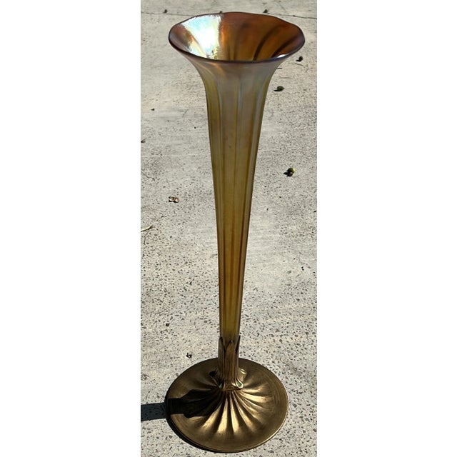 Glass Antique 18" l.c. Tiffany Favrile Iridescent Trumpet Vase With Tiffany Furnaces Bronze Base For Sale - Image 7 of 12