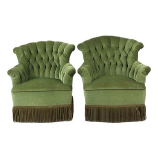 Pair of Green Tufted Chesterfield Velvet Lounge Club Chairs For Sale