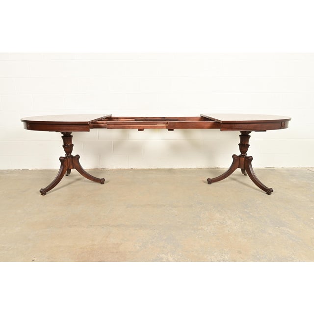 Baker Furniture Style Regency Mahogany Double Pedestal Extension Dining Table, Newly Refinished For Sale In South Bend - Image 6 of 14