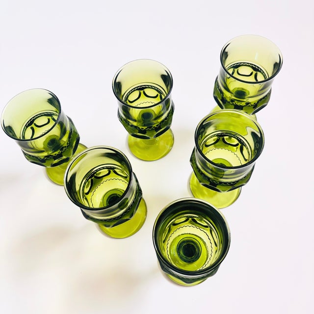 Mid-Century Modern Indiana Glass Green Kings Crown Wine Goblets - Set of 6 For Sale - Image 3 of 10