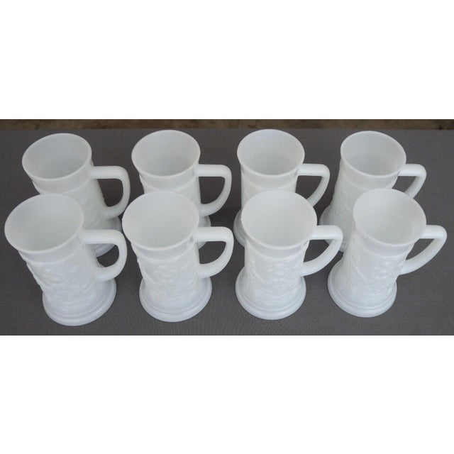 American Vintage 1960's American Federal Milk Glass Bavarian Tavern Scene Motif Steins - Set of 8 For Sale - Image 3 of 4