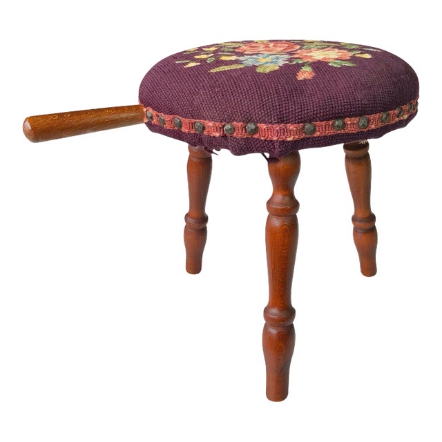 Antique Farmhouse Country Floral Needlepoint Maple Milking Footstool For Sale