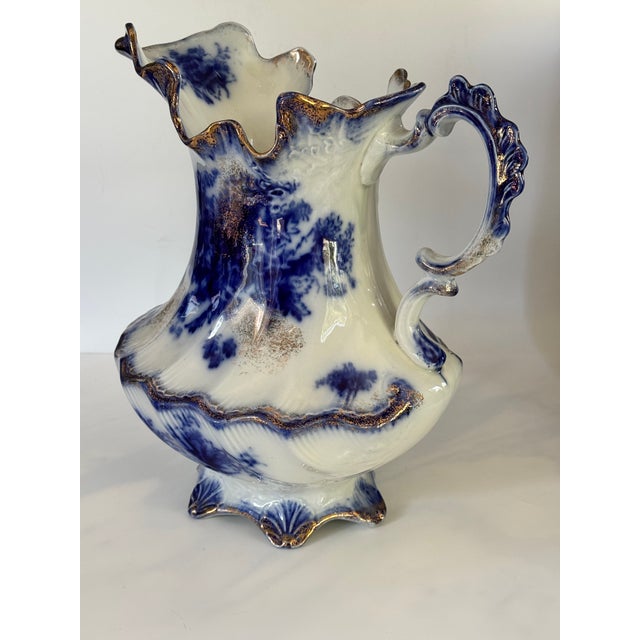 Antique Made in England Flow Blue Large Scale Pitcher For Sale - Image 13 of 16