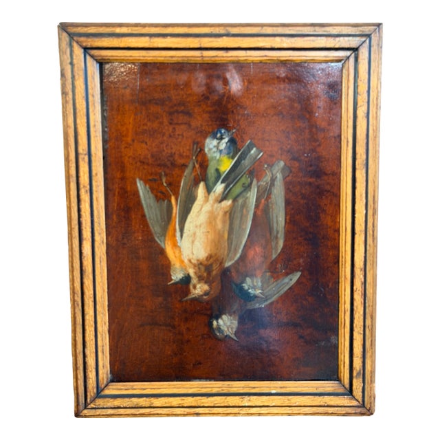 Antique French Oil on Wood Painting Game Birds Fowl Still Life Tromp l'Oiel - Signed For Sale