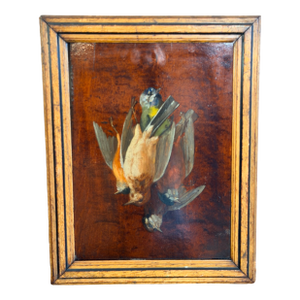 Antique French Oil on Wood Painting Game Birds Fowl Still Life Tromp l'Oiel - Signed