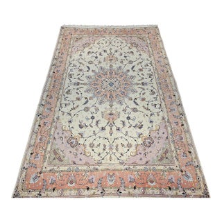 Persian Tabriz Rug, Hand-Knotted Wool & Silk, Fine Floral Pattern, Ivory & Pink, 7x10 For Sale