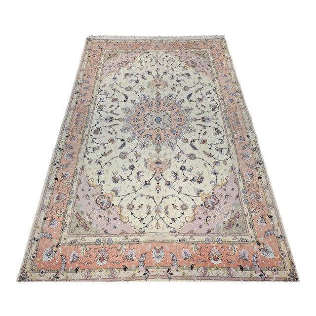 Persian Tabriz Rug, Hand-Knotted Wool & Silk, Fine Floral Pattern, Ivory & Pink, 7x10 For Sale
