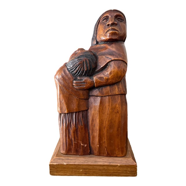 Mid 20th Century Bolivian Wood Sculpture Mother and Child by Guillermo Arias Flores Arias For Sale
